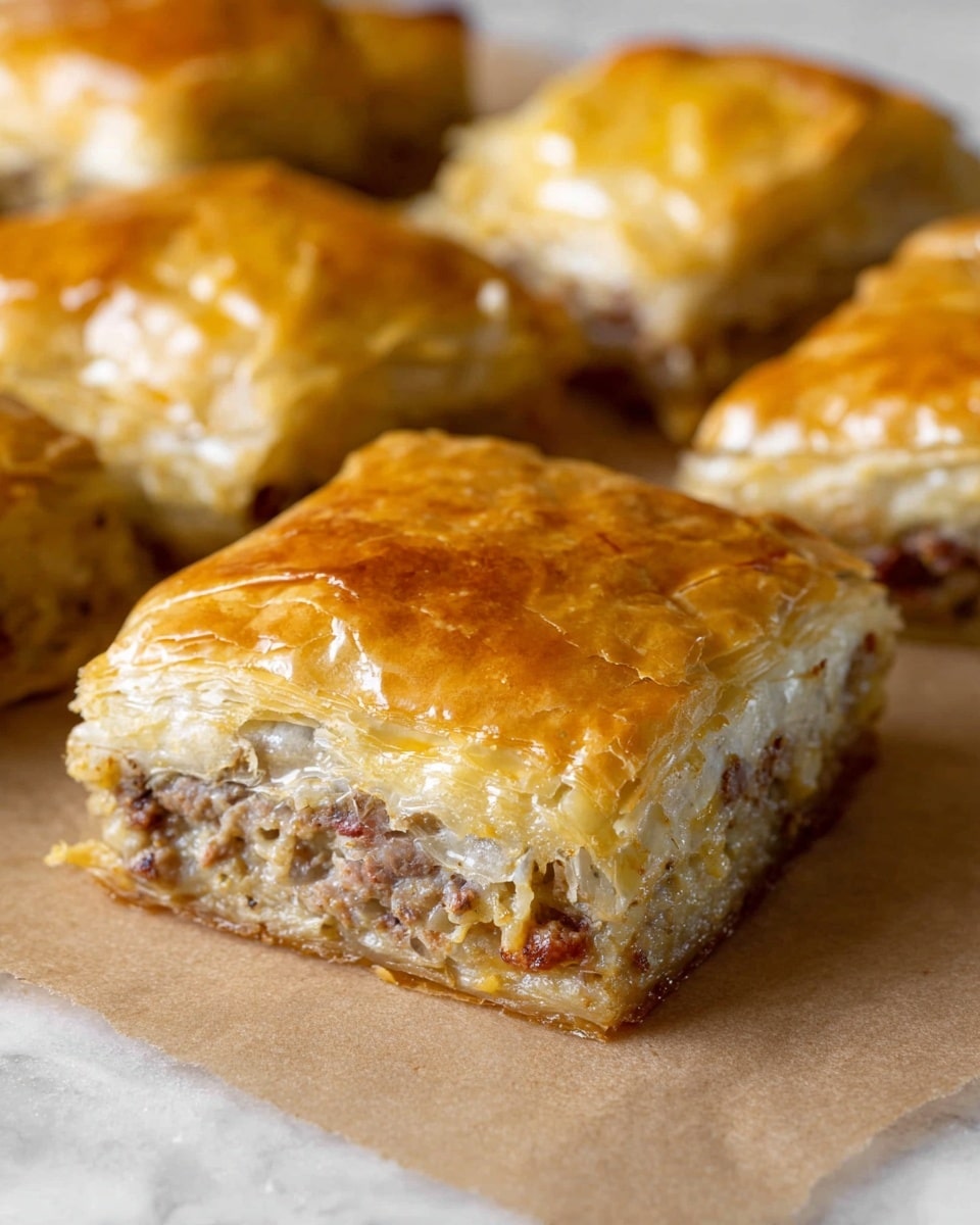 The image shows several pieces of square-shaped, golden brown pastry with a flaky crust on top and bottom. Each piece has two visible layers: a shiny, slightly cracked top crust with a light yellow-gold color and a textured, thicker bottom crust. Between the crusts is a visible filling layer packed with bits of cooked, browned meat and small onion pieces in a creamy, light beige sauce. The pastries rest on light brown parchment paper placed on a white marbled surface. The photo is close up, focusing on one piece in the center with others blurred in the background. photo taken with an iphone --ar 4:5 --v 7