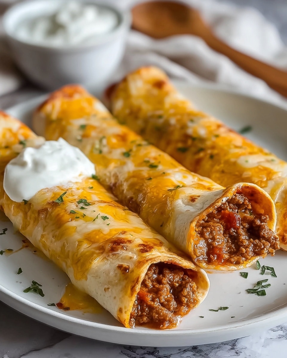 The image shows a white plate with three baked rolled tortillas filled with a ground beef mixture; the tortillas are golden brown with melted yellow and white cheese on top, sprinkled with green herbs. One of the tortillas is slightly lifted, showing the rich, brown beef filling with bits of red sauce inside. In the background, there is a small white bowl of thick sour cream. The plate sits on a white marbled surface with a blurred wooden spoon visible behind. photo taken with an iphone --ar 4:5 --v 7