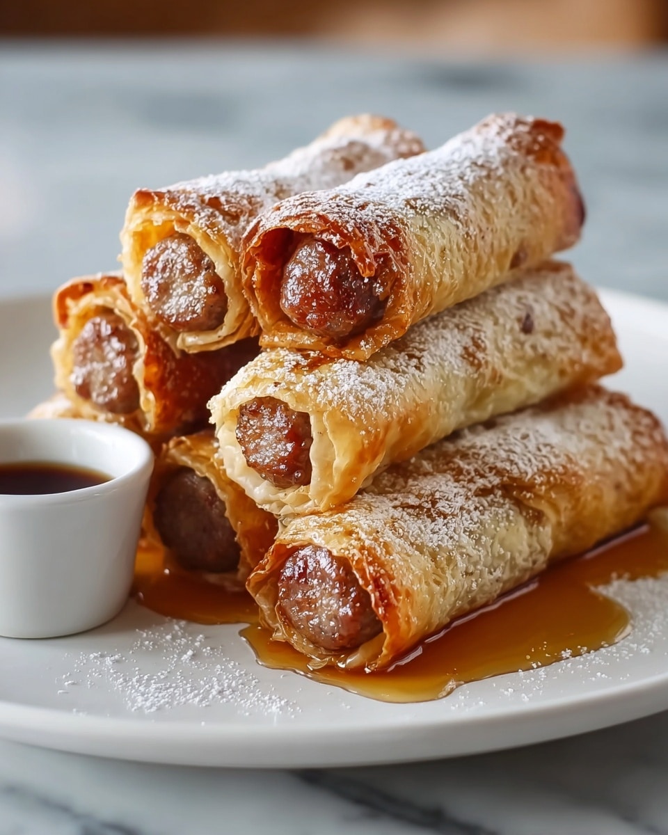 A white plate holds a stack of five golden brown sausage rolls, each made from a crispy, flaky dough wrapped around browned sausages. The rolls are lightly dusted with white powdered sugar on top, adding a delicate texture. The sausages peek out from the ends, showing a shiny, cooked surface with a slightly caramelized look. Around the bottom of the rolls, a thin layer of amber syrup or sauce glistens, pooling lightly on the plate. To the left of the stack, there is a small white cup filled with a dark syrup, adding contrast to the scene. The plate sits on a white marbled surface. photo taken with an iphone --ar 4:5 --v 7