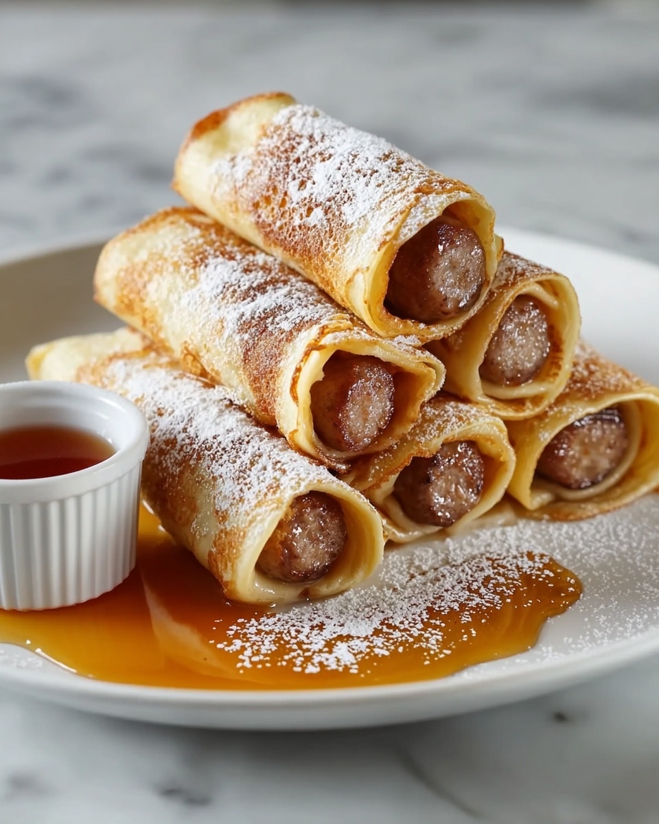 Six rolled pancakes each wrapped tightly around a browned sausage, stacked in a pyramid on a white plate. The pancakes are golden with a soft texture and dusted evenly with powdered sugar. The sausages peek out from the ends, showing a cooked, slightly glossy surface. A small white ramekin filled with syrup is placed on the left side of the plate, and syrup pools around the base of the pancake stack, adding a shiny amber contrast. The whole scene sits on a white marbled surface. photo taken with an iphone --ar 4:5 --v 7