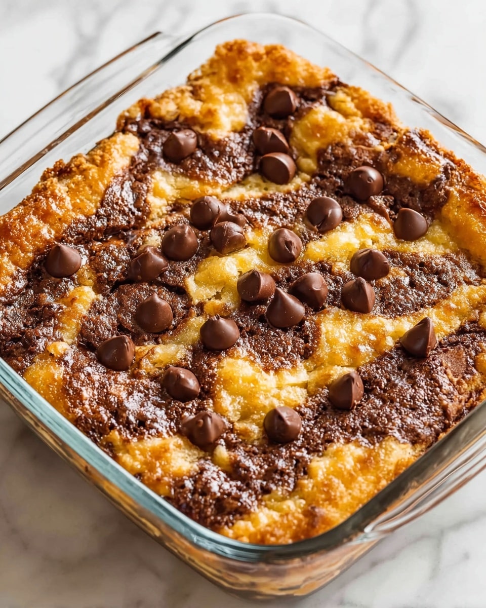 A baked dessert in a clear square glass dish showing a mix of swirled golden brown and dark chocolate layers with a rough texture, topped with scattered dark chocolate chips. The surface is bubbly and slightly caramelized with uneven golden patches blending with rich, melted chocolate areas. The dish is set on a white marbled surface, highlighting the warm tones of the dessert's top and edges, with chocolate chips adding glossy dark contrast. photo taken with an iphone --ar 4:5 --v 7