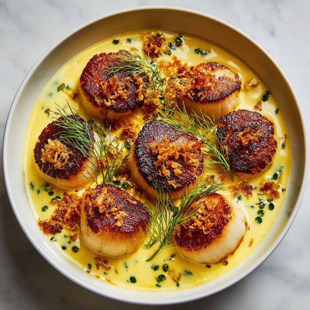 A round white bowl contains six large, golden-brown seared scallops arranged in a loose circle. They sit in a creamy yellow sauce dotted with small green herbs and topped with delicate sprigs of fresh dill. Tiny bits of crunchy golden garnish are scattered on top of the scallops and sauce, adding texture. The surface beneath the bowl is a smooth white marbled texture. photo taken with an iphone --ar 4:5 --v 7