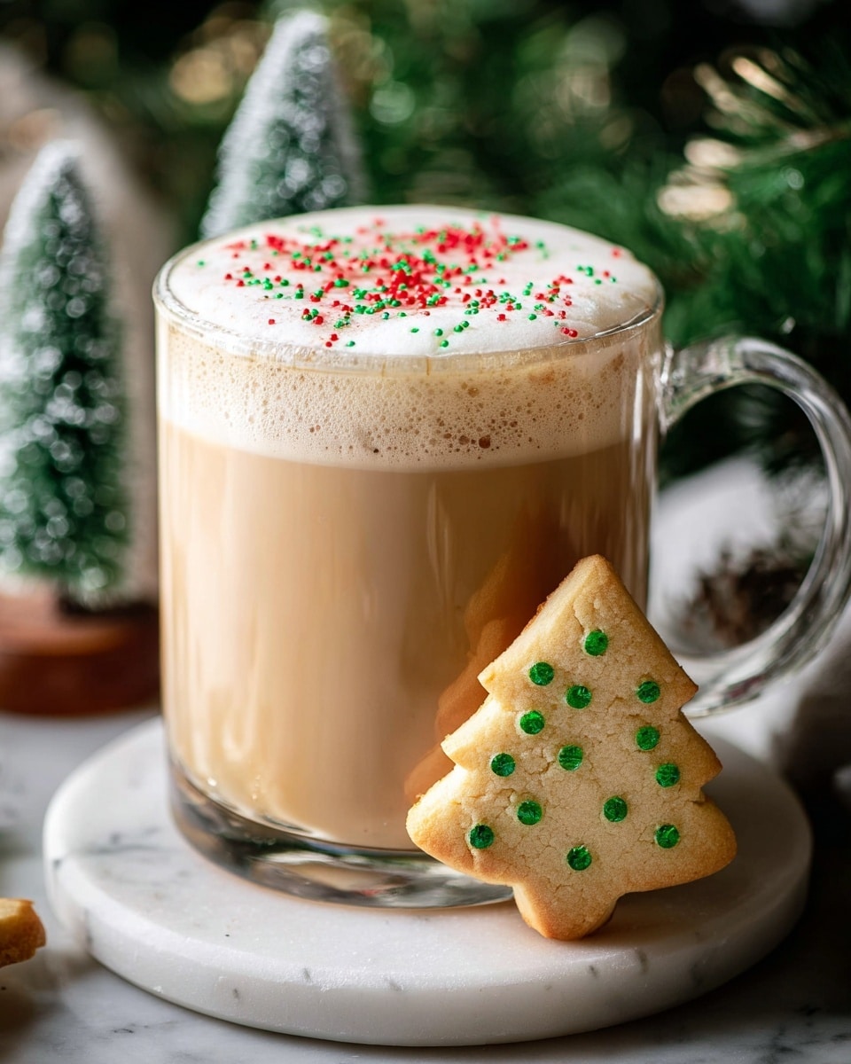A clear glass mug filled with a creamy light brown drink that has a thick white foam layer on top, decorated with small red and green round sprinkles. The mug sits on a round white marble coaster, and leaning against the mug is a light golden Christmas tree-shaped cookie decorated with small red and green round sprinkles. The scene includes blurred green pine branches and small frosted miniature trees in the background, placed on a white marbled surface. Photo taken with an iphone --ar 4:5 --v 7