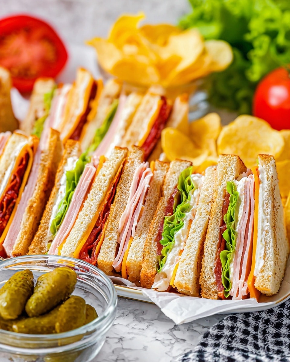 The image shows club sandwiches cut into triangles, arranged closely on a white tray lined with paper. Each sandwich has three layers of toasted bread with a golden brown crust. The bottom layer includes bright red tomato slices with creamy white mayonnaise. The middle layer has thin slices of pale pink turkey or ham, topped with crisp dark green lettuce leaves. The top layer features a slice of orange cheddar cheese. Around the tray, there are light yellow potato chips scattered and a glass bowl filled with green pickles in the foreground. The background is a white marbled texture with some more green lettuce and a large tomato slice blurred in the distance. photo taken with an iphone --ar 4:5 --v 7