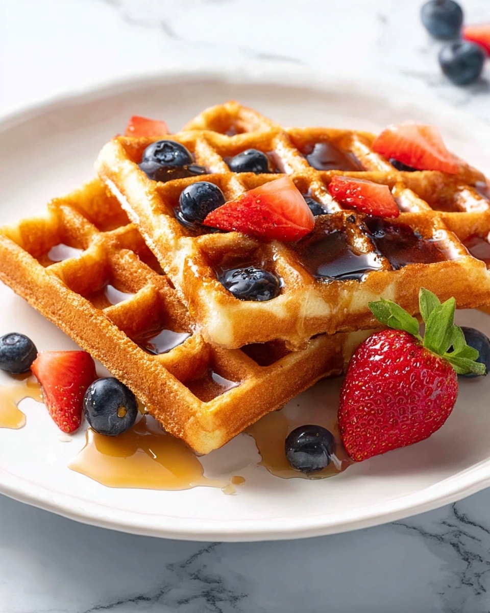 Two golden-brown waffles with a crisp texture are stacked slightly overlapping on a white plate, resting on a white marbled surface. The waffles have syrup pooled in their square indentations, giving them a shiny look. Fresh blueberries and small pieces of red strawberries are scattered on top and around the waffles, adding bright blue and red colors with smooth and juicy textures. A whole strawberry with a green leafy top is placed at the side of the waffles, completing the fresh fruit decoration. Photo taken with an iphone --ar 4:5 --v 7