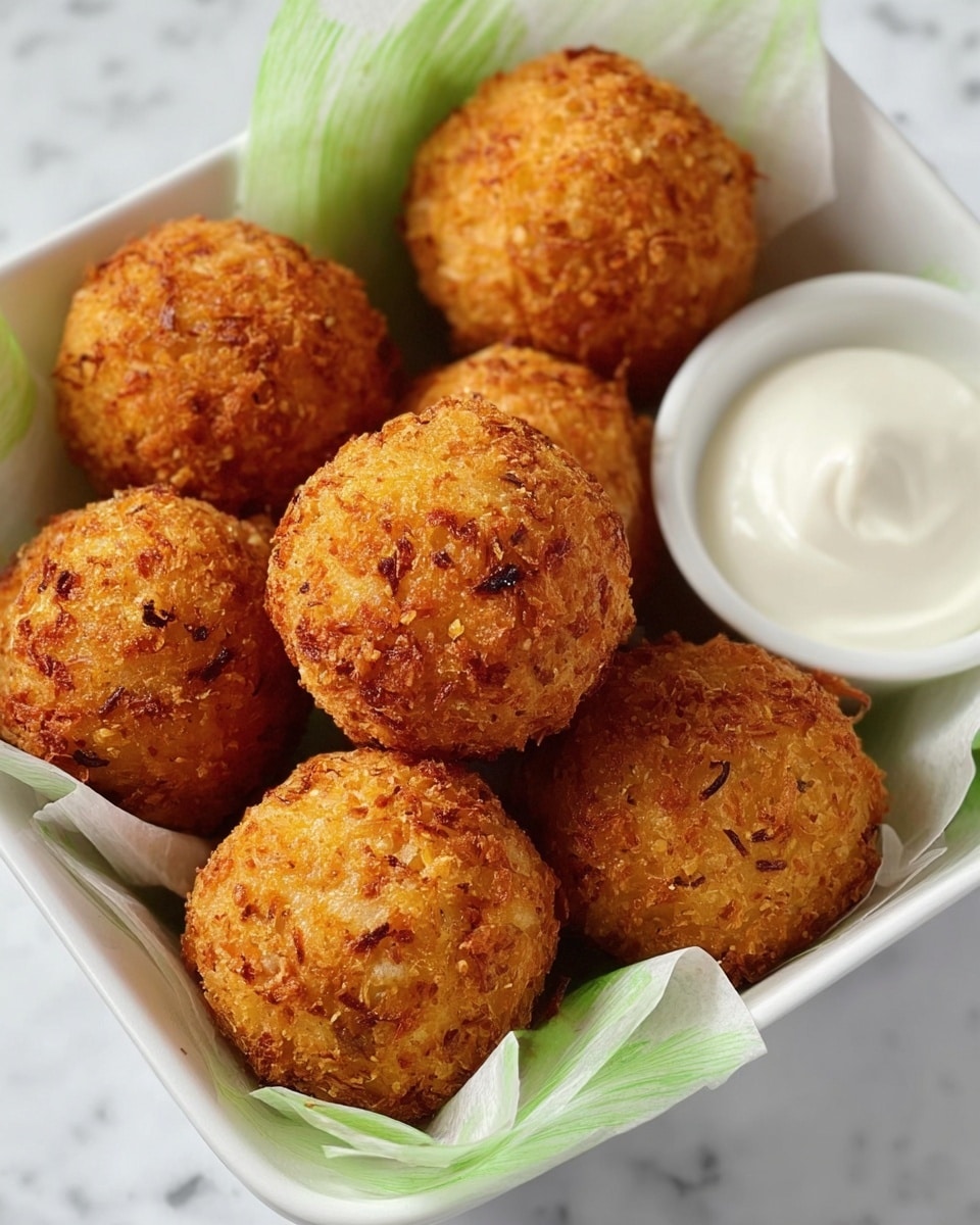 The image shows a white square bowl lined with a green and white paper, filled with eight round, golden-brown, crispy fried balls that have a rough texture from the shredded inside. The balls are stacked closely, showing an even crispy surface with some darker spots. On the right side of the bowl, there is a small white cup filled with smooth, white creamy dip. The bowl sits on a white marbled surface. photo taken with an iphone --ar 4:5 --v 7