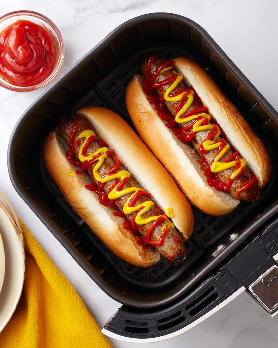 Two hot dogs are placed side by side inside a black air fryer basket. Each hot dog has a light golden-brown bun, with a grilled sausage inside. Yellow mustard and red ketchup are swirled in a zigzag pattern on top of each sausage. To the left, a small glass bowl filled with ketchup sits on a white marbled surface, along with part of a yellow cloth napkin and a white plate near the bottom edge. photo taken with an iphone --ar 4:5 --v 7