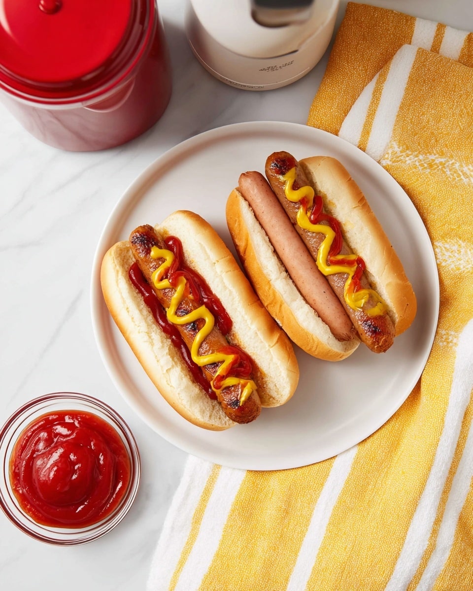 Two hot dogs sit side by side on a white plate, each one in a soft white bun. Each hot dog has a grilled, browned sausage topped with mustard and ketchup, swirled neatly along the length of the sausage. On the right side of the image, there is a third hot dog in a white bun with a plain sausage showing, no condiments. Above the plate is a red jar and a yellow towel with white stripes, all set on a white marbled surface. A clear small bowl of bright red ketchup is placed to the left of the plate. Photo taken with an iphone --ar 4:5 --v 7