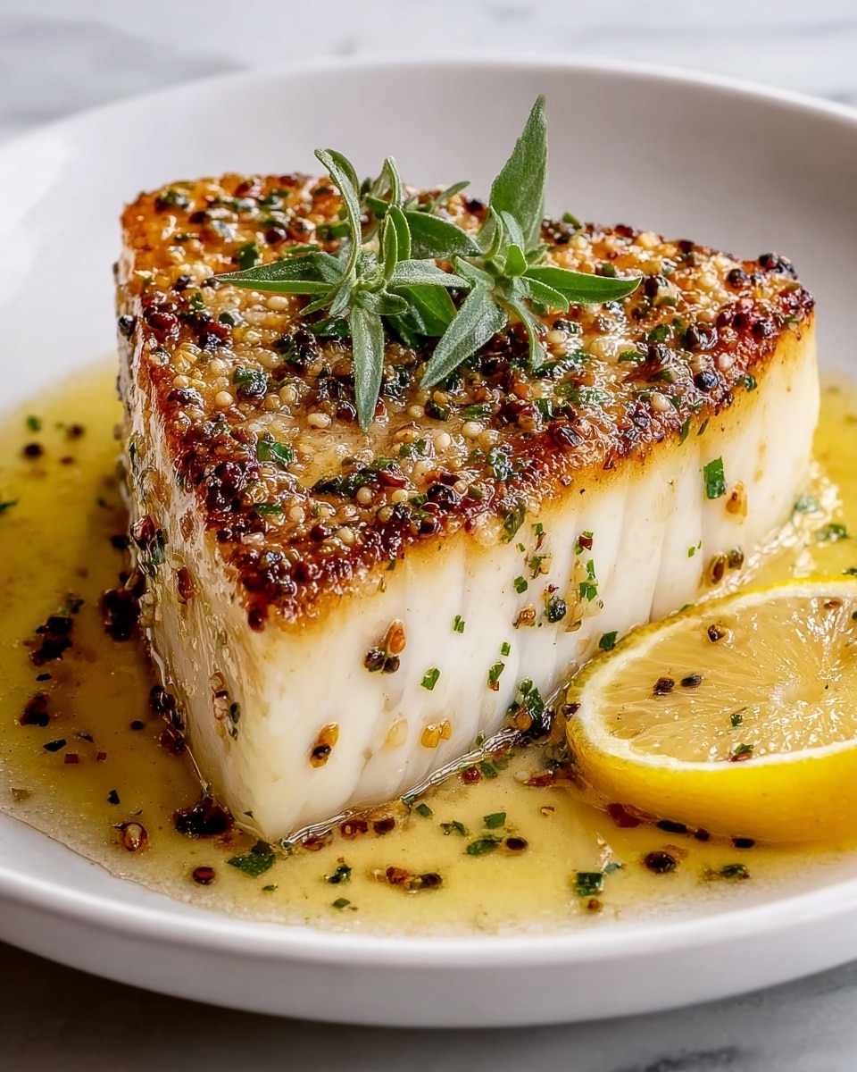 A thick, triangular piece of fish sits centered on a white plate, showing three clear layers: the top layer is golden brown with toasted edges and sprinkled with crushed peppercorns and green herbs; the middle layer is a thick, moist white flesh with specks of seasoning; the bottom is lighter and slightly translucent where the sauce pools beneath. A fresh sprig of green herbs decorates the top near the center, and to the right of the fish is a bright yellow lemon wedge resting in the sauce. The plate is placed on a white marbled surface. Photo taken with an iphone --ar 4:5 --v 7