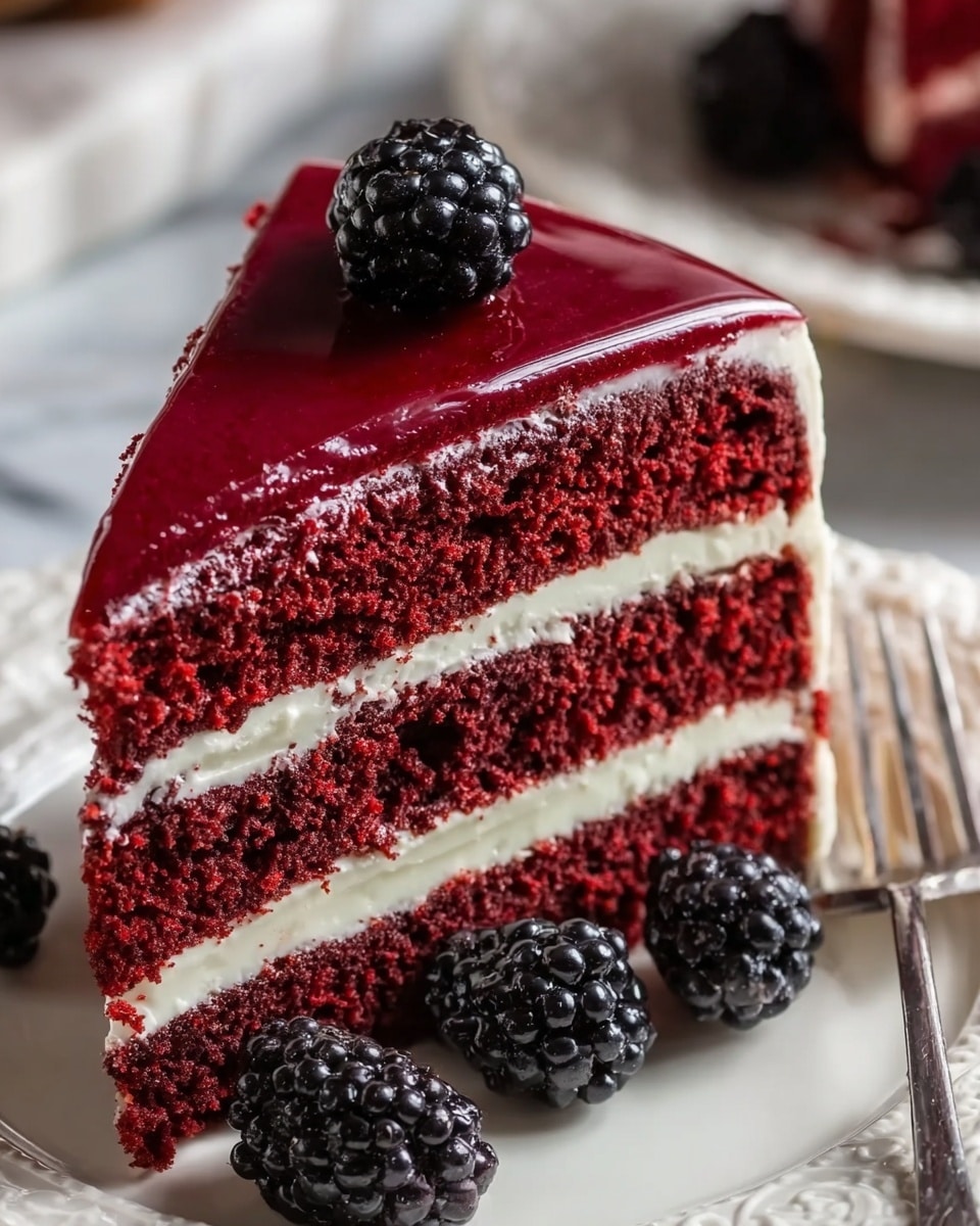 A close-up image of a two-layered deep red velvet cake slice on a white plate with intricate edge designs. Each layer is thick and moist, separated and topped with smooth white cream filling, while the top is covered with a shiny red glaze. Around the cake, there are several fresh blackberries, glossy with moisture, one of which is sitting on top of the cake slice as decoration. The background features a soft-focused white marbled surface, and a silver fork is partly visible beside the plate. Photo taken with an iphone --ar 4:5 --v 7