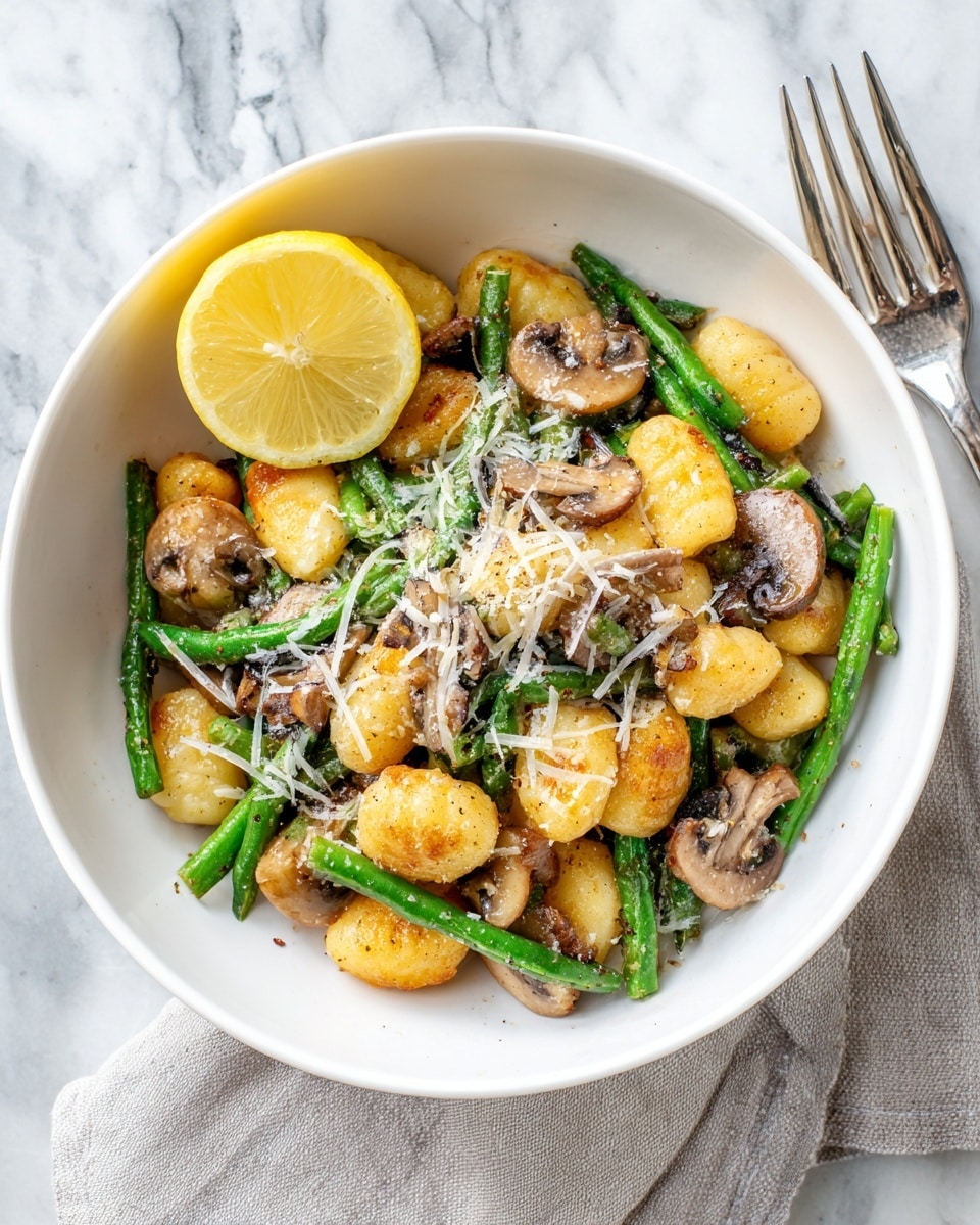 A white round bowl filled with a dish of gnocchi, green beans, and sliced mushrooms. The gnocchi pieces are golden brown with a slight crispy texture, mixed evenly with bright green beans and light brown mushroom slices. On top, there is a sprinkling of grated white cheese adding a soft, fine texture. A wedge of lemon with a yellow rind and juicy, pale yellow inside rests on the side of the bowl. The bowl sits on a white marbled surface showing faint gray veining. To the right of the bowl, there is a silver fork placed on a light gray cloth napkin. Photo taken with an iphone --ar 4:5 --v 7