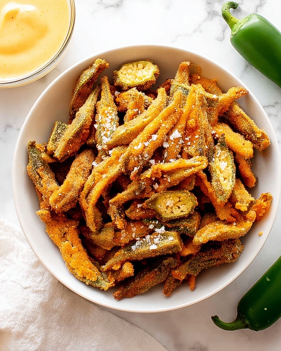 A white bowl filled with many pieces of golden-brown, crispy fried okra, showing light rough texture with some salt flakes sprinkled on top. The okra pieces are mostly long and thin with a few round slices mixed in. On the left side, a glass bowl holds a pale yellow creamy sauce with a smooth surface. The background is a white marbled texture, with parts of a white cloth and a green jalapeño pepper visible near the bowl, and a clear glass bowl on the top right corner. photo taken with an iphone --ar 4:5 --v 7