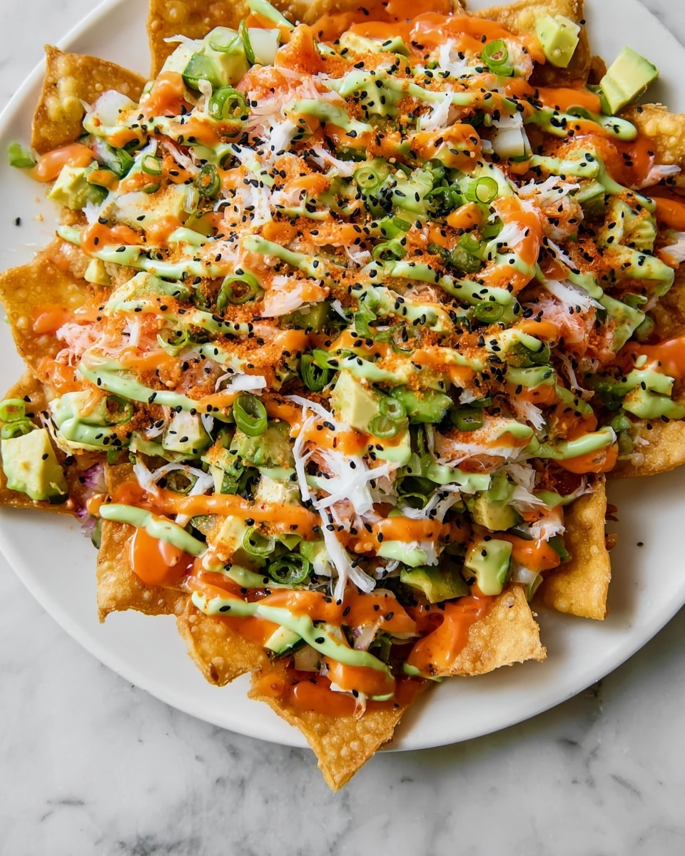 A white plate filled with crispy golden brown wonton chips at the base, topped with a mix of vibrant diced green cucumbers and avocado, white rice, and small pieces of pinkish-orange salmon. Thin white crab stick strips and finely chopped green onions are scattered on top. The dish is finished with drizzles of bright orange spicy sauce and a light green creamy sauce, sprinkled with black sesame seeds. The plate sits on a white marbled surface. photo taken with an iphone --ar 4:5 --v 7