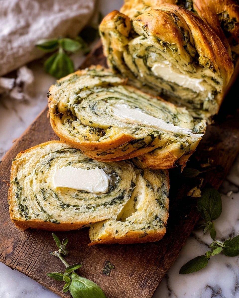 Sliced herb bread with visible green herb layers swirled throughout the soft, light brown dough is placed on a rustic wood board, with two slices stacked slightly on top of each other and topped with a smear of creamy white butter. The bread texture looks fluffy with a braided pattern on some edges, showing green herbs flecked inside. Fresh green herb sprigs lie beside the bread on a white marbled surface. photo taken with an iphone --ar 4:5 --v 7