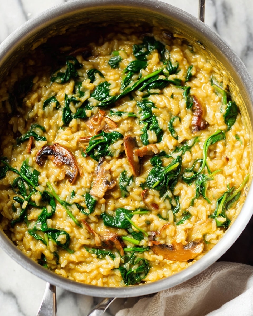 The image shows a close-up of a creamy risotto inside a large silver pot, with a rich golden yellow color from the sauce. The risotto is mixed evenly with bright green spinach leaves and small caramelized slices of mushrooms that add texture and contrast. The rice grains appear soft and well-coated, giving the dish a thick, smooth, and slightly sticky look. The background features a white marbled surface and a white cloth partially visible at the bottom right. Photo taken with an iphone --ar 4:5 --v 7