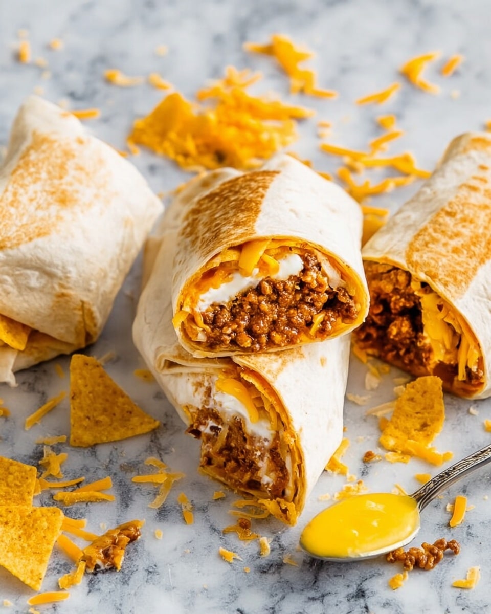 The image shows several soft flour tortillas wrapped into burritos with one burrito cut in half revealing its layers. The innermost layer has cooked ground meat in a brown sauce, followed by light yellow melted cheese, white sour cream, yellow corn chips, and shredded orange cheese. One burrito is whole, and the other halved to display the contents. A spoon with bright yellow sauce is lying nearby on a white marbled surface, which also holds some scattered shredded cheese and corn chips. Photo taken with an iphone --ar 4:5 --v 7