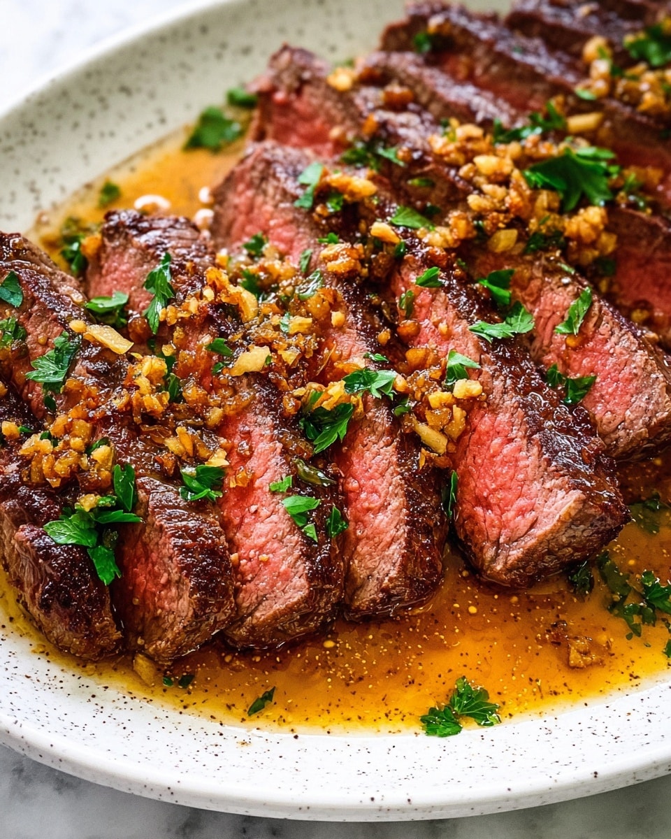 The image shows a white speckled plate filled with several slices of medium-rare steak arranged closely side by side. Each steak slice has a dark brown crust on the outside and a pink-red center, showing a juicy texture. The steak is topped with small bits of golden brown fried garlic and fresh green parsley leaves scattered evenly across the slices. A rich, golden oily sauce pools around the lower edges of the meat, adding a glossy shine and moist look to the dish. The background is a white marbled texture. photo taken with an iphone --ar 4:5 --v 7