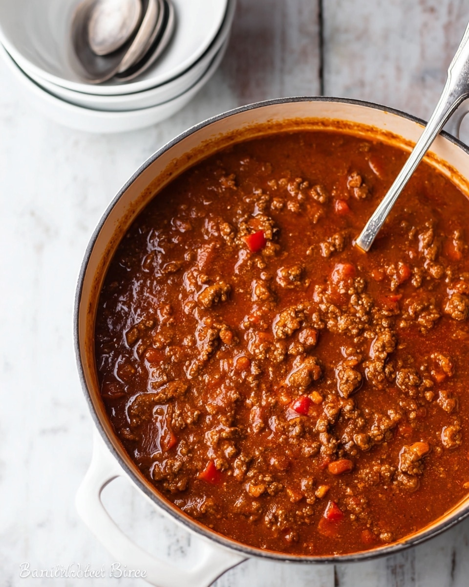 A round white pot filled with a thick, chunky brown-red chili stew that has visible pieces of cooked ground meat and small bits of red bell pepper, with a shiny metal spoon resting inside the pot's right side handle. In the background, two stacked white bowls and a metal spoon are out of focus, placed on a white marbled textured surface. photo taken with an iphone --ar 4:5 --v 7