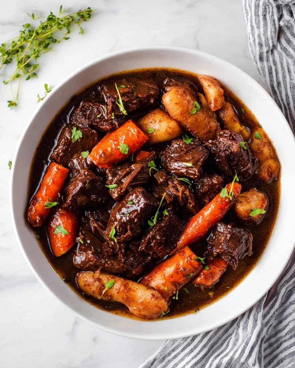 The image shows a white bowl filled with a rich beef stew that has several layers of dark brown beef chunks, bright orange carrot slices, and light brown finger-shaped root vegetables. The beef pieces are thick and tender, coated with a glossy, dark sauce that pools slightly at the bottom. The carrots are cut into thick rounds and scattered evenly throughout the dish, adding a pop of color. Small sprigs of fresh green herbs are placed on top as garnish. The bowl sits on a white marbled surface with a striped cloth in the upper right corner. photo taken with an iphone --ar 4:5 --v 7