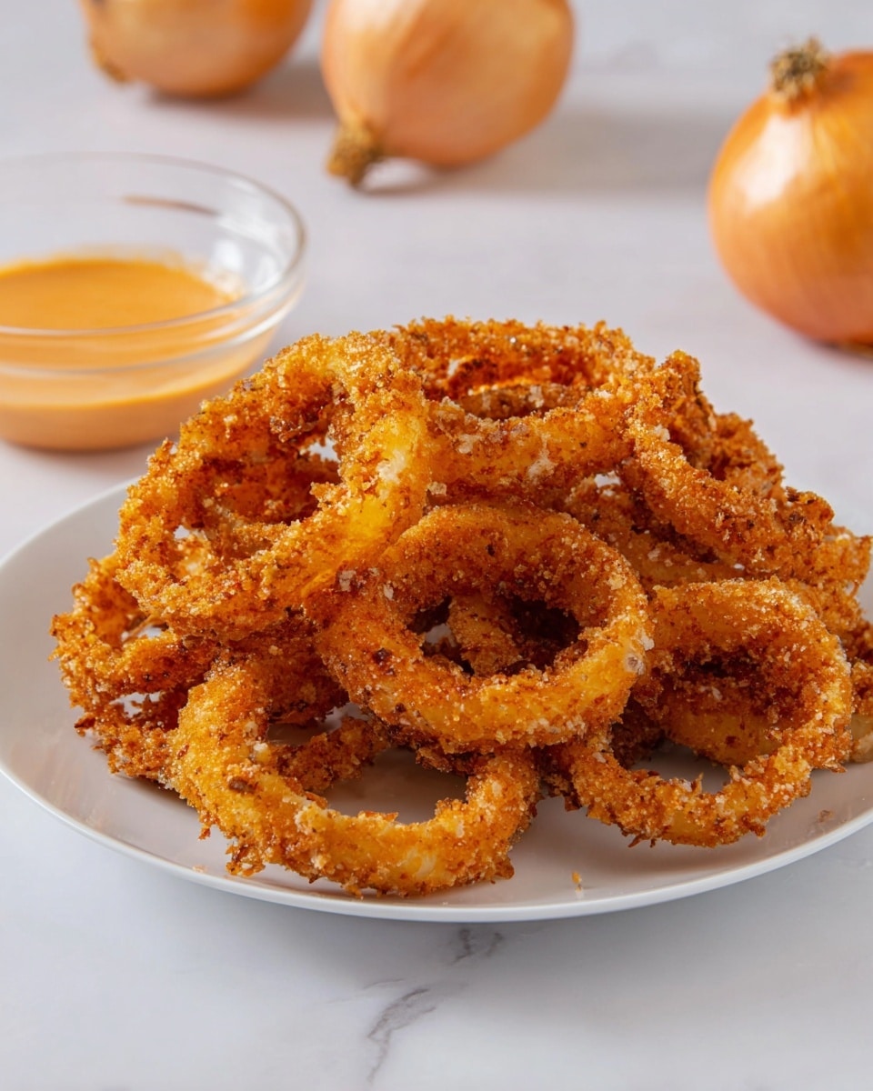 A white plate is filled with a stack of golden-brown, crispy fried onion rings. Each onion ring is coated in a rough, crunchy breadcrumb layer that gives a textured look with small crumbs sticking out. The rings are piled high, overlapping each other, and showing varying shades of golden orange with some darker, crispier edges. To the left of the plate is a small clear glass bowl containing a smooth, creamy orange sauce. The background has a white marbled texture, with two whole onions placed on the right side behind the plate. photo taken with an iphone --ar 4:5 --v 7