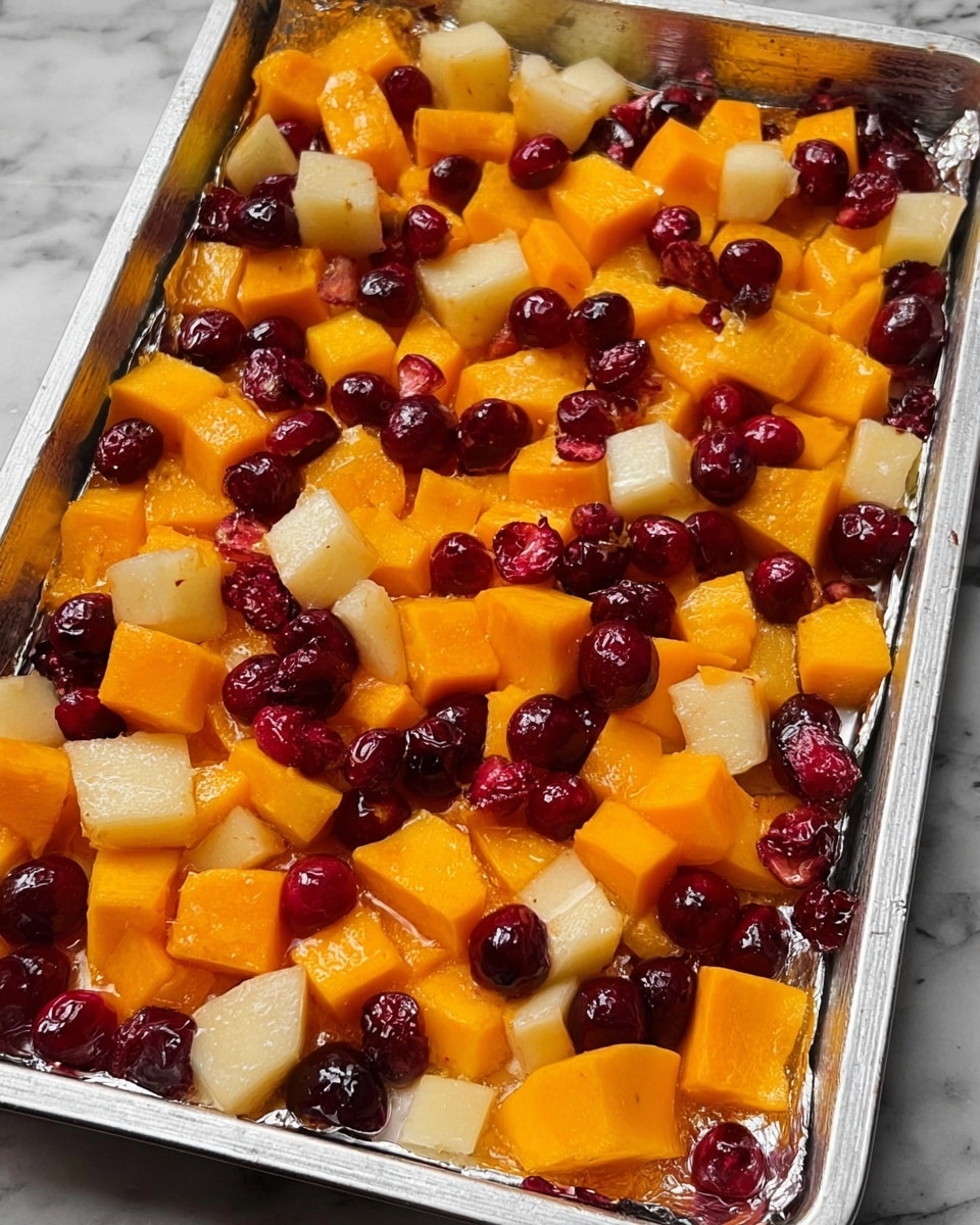 The image shows a white metal baking pan lined with foil filled with a single layer of mixed fruits. The fruits are cut into small cubes and pieces, mostly bright orange chunks of butternut squash spread evenly across the pan, interspersed with dark red cherries that are whole and slightly shiny. There are also scattered off-white chunks of what appears to be peeled apple or potato. The fruit pieces have a slightly wet look, as if prepared for roasting. The whole scene is set against a white marbled textured background. photo taken with an iphone --ar 4:5 --v 7