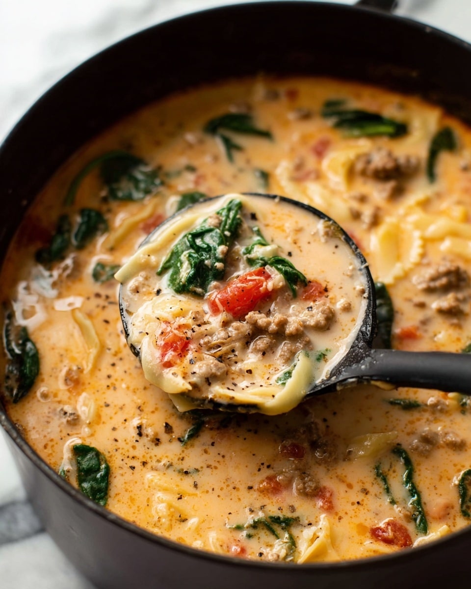 A close-up look at a creamy soup held by a black ladle over a black pot on a white marbled surface. The soup has three main layers: a thick, light orange creamy broth, chunks of cooked ground meat and small pieces of pasta forming a textured middle layer, and bright green spinach leaves scattered throughout. Bits of diced red tomatoes and other small vegetables add pops of red and yellow colors within the creamy base. The soup looks rich and hearty with some black pepper flakes on top, steam faintly rising from the pot. photo taken with an iphone --ar 4:5 --v 7