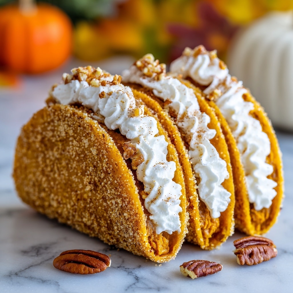 Three cinnamon tortilla shell tacos stand upright on a white marbled surface, each taco showing two layers: the outer shell is light brown with a granulated sugar texture, and inside is a thick layer of smooth orange pumpkin pie filling. On top of the filling is a generous dollop of whipped cream, white and fluffy, sprinkled with small pieces of chopped pecans and a light dusting of cinnamon. Small bits of pecans are scattered around the bottom of the tacos on the surface. The scene is well-lit with a soft background showing blurred autumn colors. photo taken with an iphone --ar 4:5 --v 7
