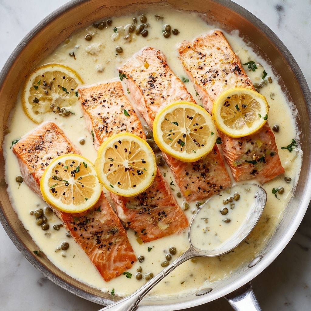 A white plate holds three sections of food: on the left is a pile of bright green cooked green beans with some light-brown toasted garlic slices on top, in the middle is a swirl of creamy yellow mashed potatoes in a circular mound with a small pool of melted butter and a sprinkle of black pepper and herbs on top, and on the right are two pieces of baked salmon covered with a slightly browned creamy white sauce with green capers scattered on it. A fork with a dark brown handle rests on the plate near the salmon, with a piece of salmon flaked off. The plate sits on a light gray wooden board, placed on a white marbled surface. photo taken with an iphone --ar 4:5 --v 7