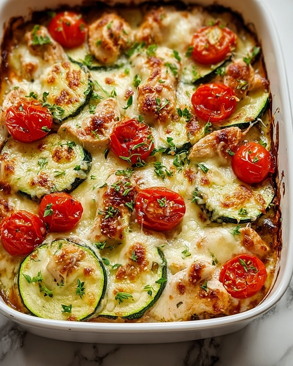 The image shows a baked dish in a white rectangular baking dish, consisting of three main layers. The bottom layer has cooked white chicken pieces, slightly visible around the edges. The middle layer consists of round slices of green zucchini placed evenly, partially covering the chicken. On top of these are halved cherry tomatoes scattered across the dish. A melted, golden cheese layer covers the dish, bubbling and browning lightly in spots, with some small green herbs sprinkled on top for garnish. The dish rests on a white marbled surface. Photo taken with an iphone --ar 4:5 --v 7
