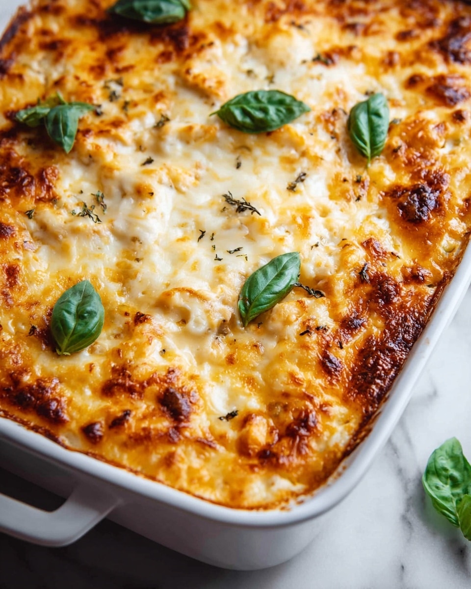 A close-up of a baked casserole in a white rectangular dish, showing a golden-brown melted cheese layer on top with some crispy edges, sprinkled with green basil leaves for color contrast. The top layer has a bubbly, slightly browned texture with hints of white sauce and bits of cooked chicken underneath. The background is a white marbled surface. photo taken with an iphone --ar 4:5 --v 7