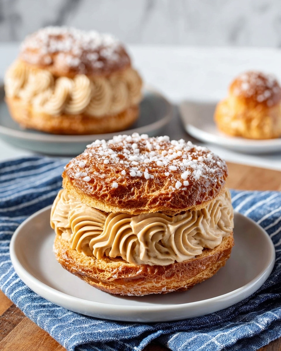 A round pastry with two layers is shown, the top and bottom layers are golden brown with a crispy texture and sprinkled with white sugar crystals. Between these layers is a thick filling of light beige cream, piped in a ruffled, curly pattern, giving it a soft and smooth look. The pastry rests on a white plate with a blue striped cloth underneath, all placed on a white marbled surface. Another similar pastry is softly visible in the background, slightly out of focus. photo taken with an iphone --ar 4:5 --v 7