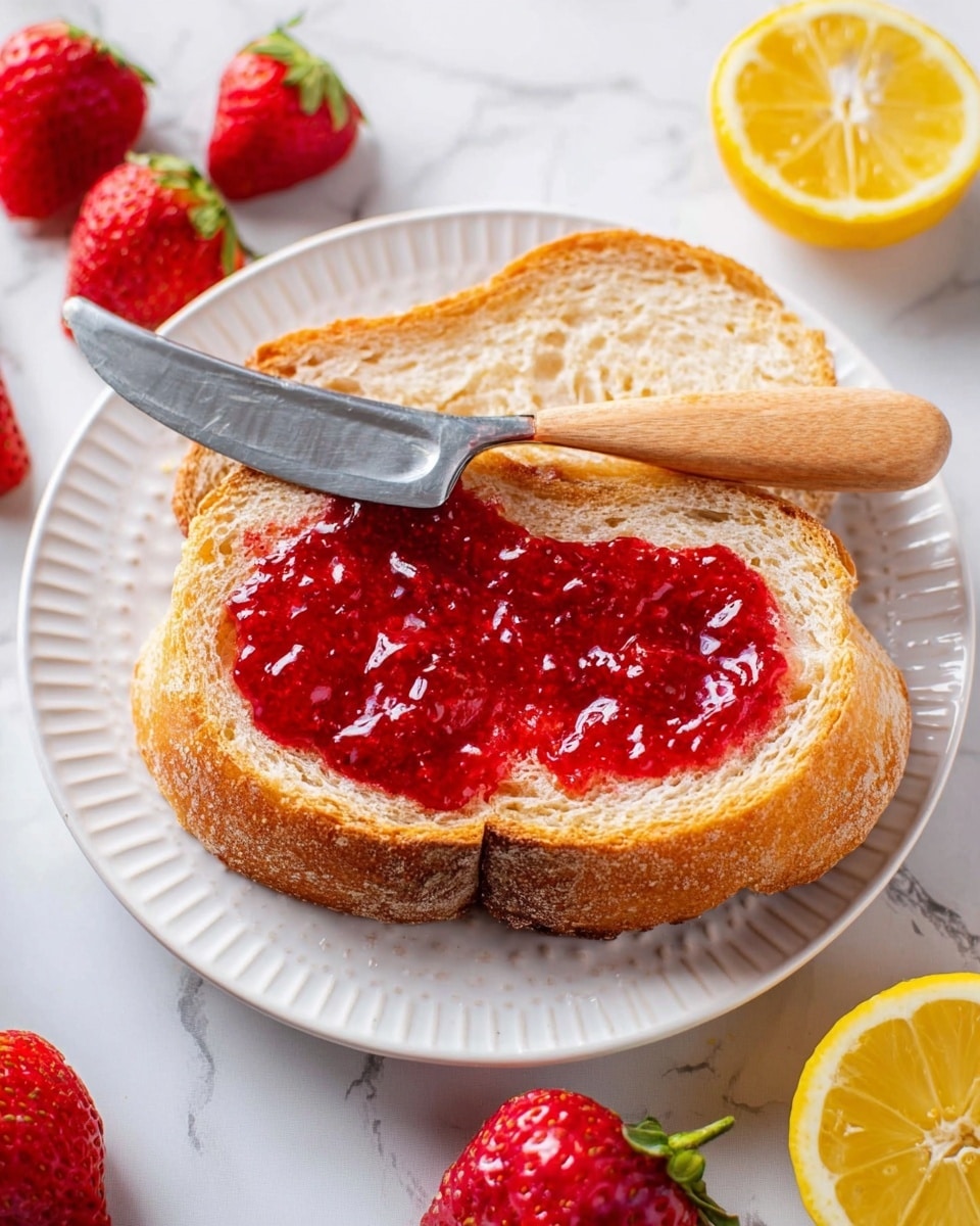 A close-up view of a clear glass jar filled with bright red strawberry jam with a thick, glossy texture. A spoon is scooping up a chunky portion of the jam, showing pieces of whole strawberries and a shiny, sticky surface. The jar is placed on a white marbled texture, and in the background, slightly blurred, are halves of a yellow lemon and fresh strawberries. The colors are vibrant with red dominating, contrasted by the yellow lemon. photo taken with an iphone --ar 4:5 --v 7