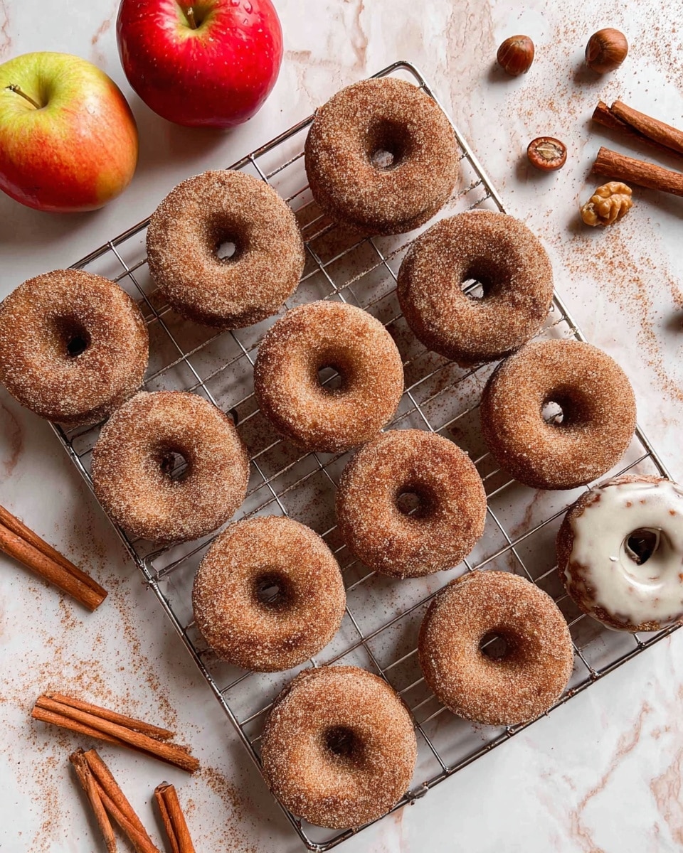 A group of eleven cinnamon sugar-covered donuts are placed on a silver wire cooling rack. Each donut has a rough textured surface, coated evenly with brown cinnamon sugar, and a small hole in the middle. Near the top left corner of the rack, there are two red and yellow apples placed on the white marbled textured background. Two cinnamon sticks are crossed in the center of the rack, near a whole nutmeg. In the bottom right corner, three cinnamon sticks and one whole nutmeg sit on the white marbled textured surface. The overall setting shows a warm, rustic vibe with autumn-themed colors. Photo taken with an iphone --ar 4:5 --v 7