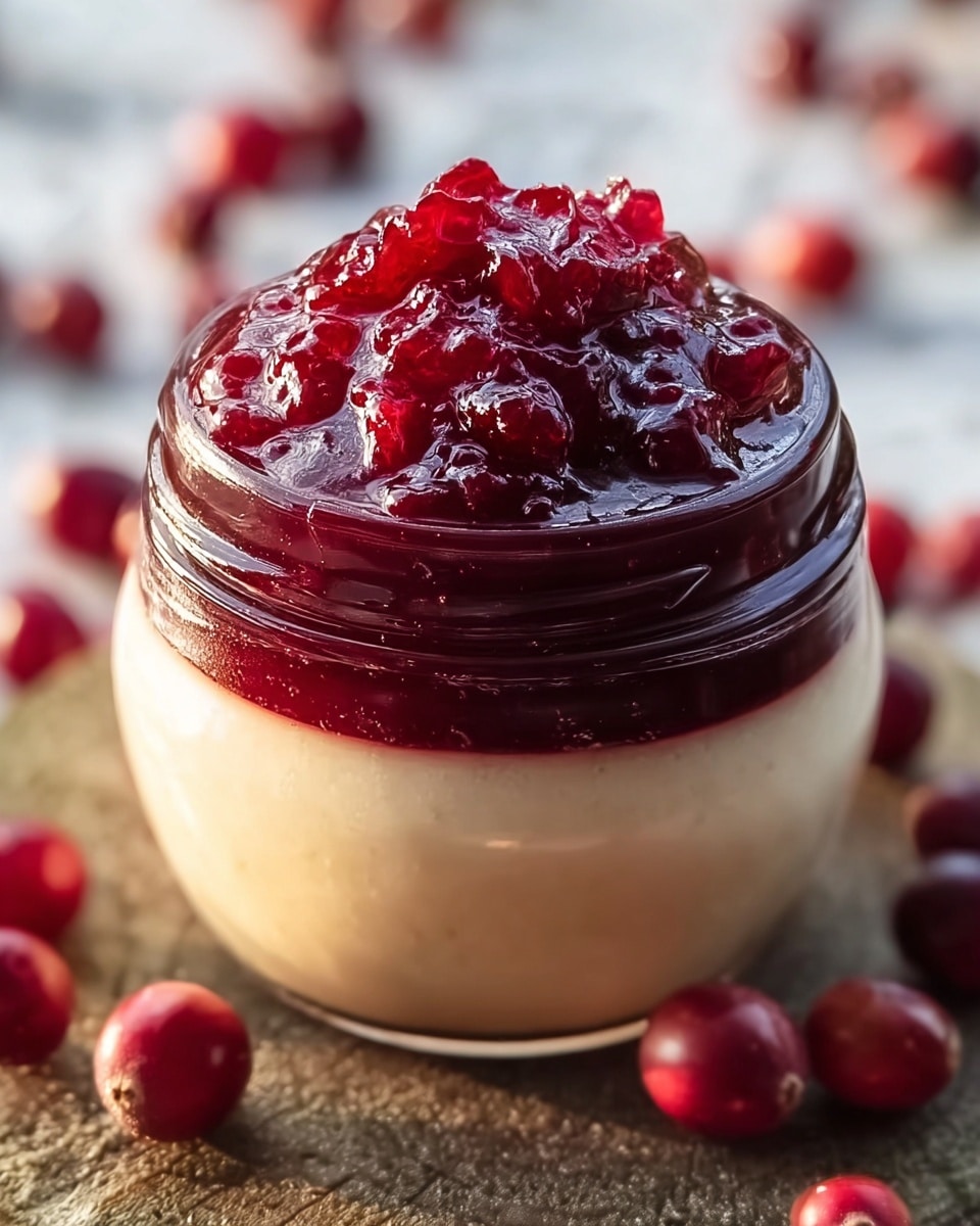 A small, shiny dark glass jar filled with a smooth, pale beige layer that nearly reaches the jar's top, crowned with a generous mound of glossy dark red jam with visible fruit pieces. The jar sits on a wooden surface with scattered whole red berries around it, contrasting with the white marbled texture background. The light highlights the shiny texture of the jam and the smooth surface of the beige layer, making the colors pop vividly. photo taken with an iphone --ar 4:5 --v 7