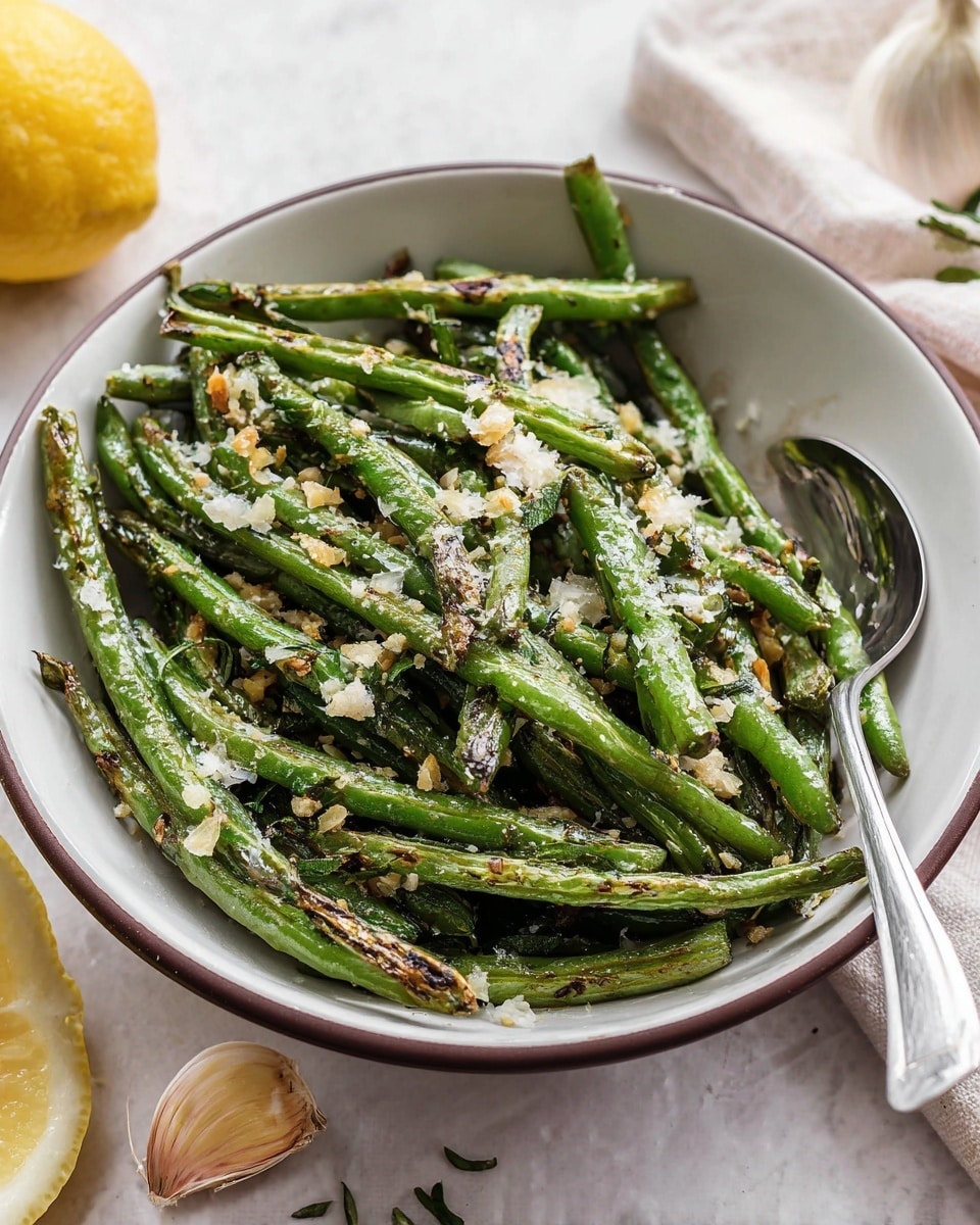 A bowl filled with roasted green beans that have a slightly charred texture, topped with small bits of light brown toasted garlic and sprinkled with finely grated white cheese and small pieces of fresh green herbs, a silver spoon resting inside the bowl on the right side. The bowl is white with a dark brown rim, all placed on a white marbled surface with garlic bulbs and lemon halves nearby. Photo taken with an iphone --ar 4:5 --v 7