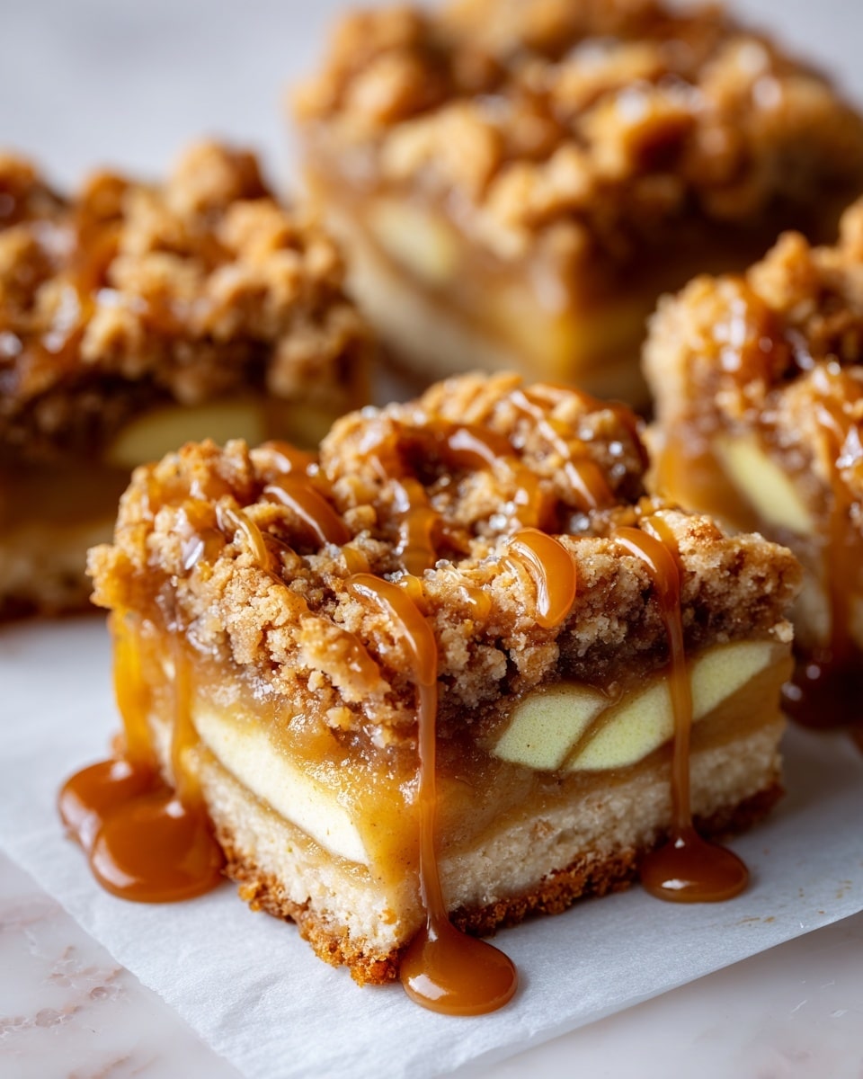 The image shows fifteen square dessert bars arranged in a grid on crinkled parchment paper placed on a white marbled surface. Each bar has two clear layers: the bottom layer is a smooth, golden-brown base, and the top layer is a crumbly, light tan streusel with a rough texture, generously drizzled with thick, glossy caramel sauce that creates rich dark amber streaks over the bars. The bars look soft and crumbly with an inviting mix of smooth caramel and crunchy topping. photo taken with an iphone --ar 4:5 --v 7