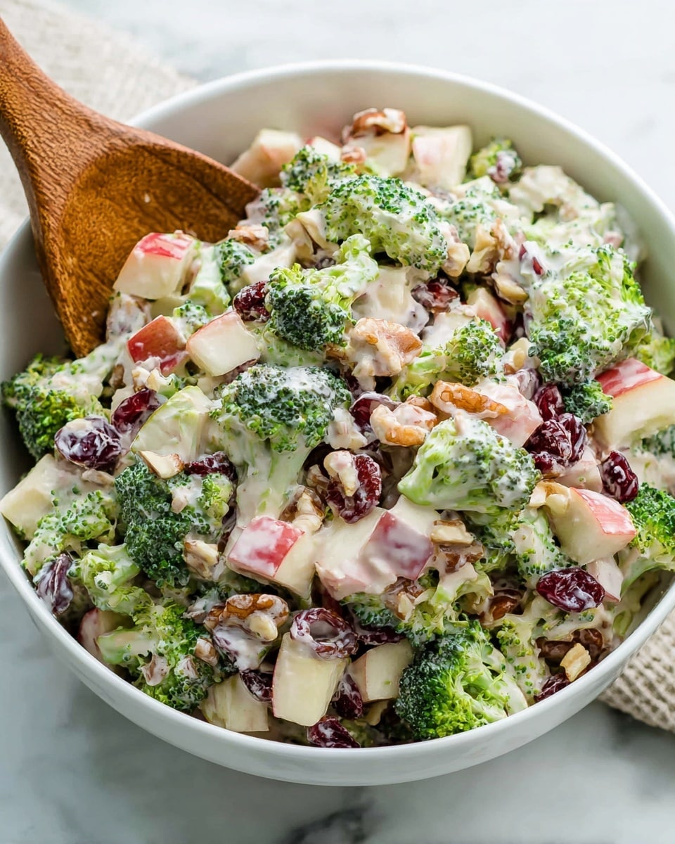 A white bowl filled with a creamy broccoli salad showing visible layers of small broccoli florets in bright green, diced red apple pieces, dark red dried cranberries, chopped nuts, and a white creamy dressing mixing all ingredients together with a wooden salad fork on a white marbled surface. The salad's texture is chunky with fresh and crisp elements spread evenly throughout the bowl. photo taken with an iphone --ar 4:5 --v 7