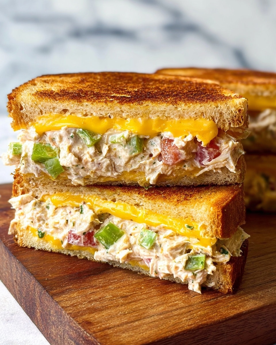 The image shows a grilled sandwich cut in half and stacked on a wooden board with a white marbled background. The sandwich has three visible layers: two slices of golden brown, toasted bread with a crispy texture on top and bottom, a middle layer of melted yellow cheddar cheese, and a thick filling layer of creamy chicken salad mixed with green celery pieces and bits of red tomato. The cheese slightly oozes out, and the chicken salad looks soft and chunky, matching well with the crunchy bread crust. The sandwich behind is slightly blurred, emphasizing the front one. Photo taken with an iphone --ar 4:5 --v 7