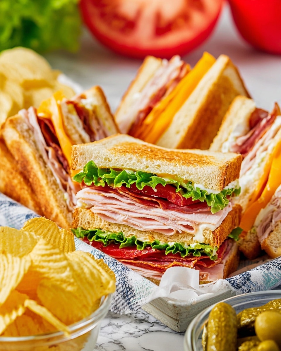 A close-up of club sandwich halves stacked on a white tray, each sandwich showing three layers of toasted light brown bread. The first layer includes bright orange cheese and thin slices of turkey meat. The second layer has fresh green lettuce with a creamy white spread and more turkey meat. The third layer features red tomato slices, crispy bacon, and a white creamy spread. The tray is set on a white marbled surface with light-yellow potato chips scattered around, and a green pickle visible in the foreground. Photo taken with an iphone --ar 4:5 --v 7