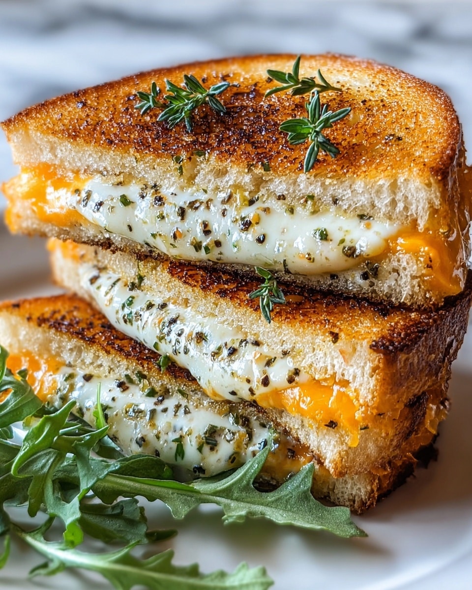 A close-up of a grilled cheese sandwich cut in half and stacked, showing three layers of golden brown toasted bread with a crispy texture and melted cheese oozing between the layers. The cheese is creamy white with some specks of black pepper, and a few fresh green herb leaves rest on the top slice. The sandwich sits on a white plate with some green leafy garnish on the side, all placed on a white marbled surface. photo taken with an iphone --ar 4:5 --v 7