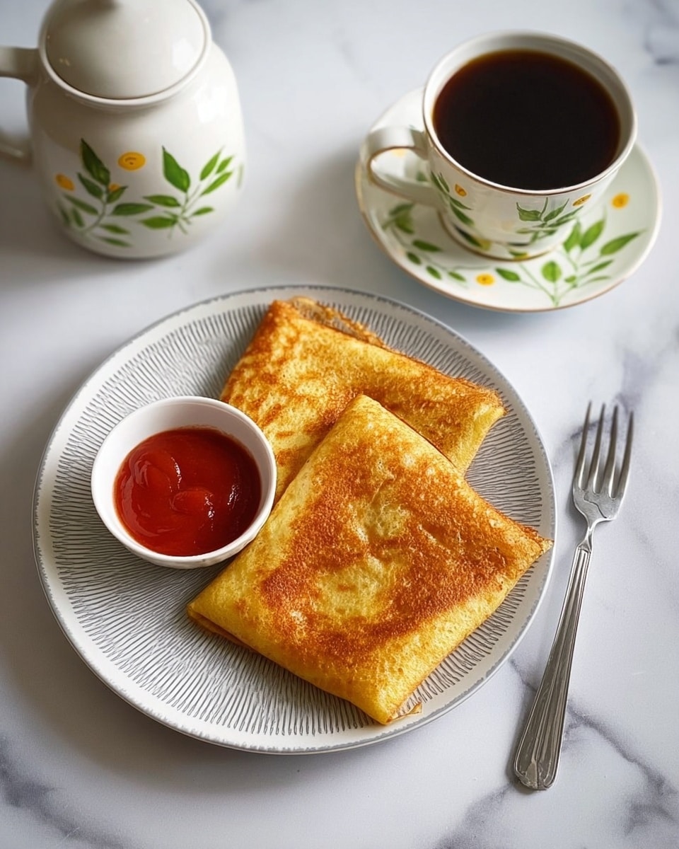 The image shows two square folded crepes placed side by side on a white plate with light gray circular patterns. The crepes are golden brown and have a smooth, slightly crisp texture. A small white round bowl filled with red sauce sits at the edge of the plate. To the right of the plate, there is a silver fork resting on a white marbled surface. In the upper right corner, there is a white cup filled with black coffee, sitting on a matching white saucer decorated with green leaves and small yellow flowers. A white pot with similar leaf and flower designs is partly visible in the upper left corner. Photo taken with an iphone --ar 4:5 --v 7