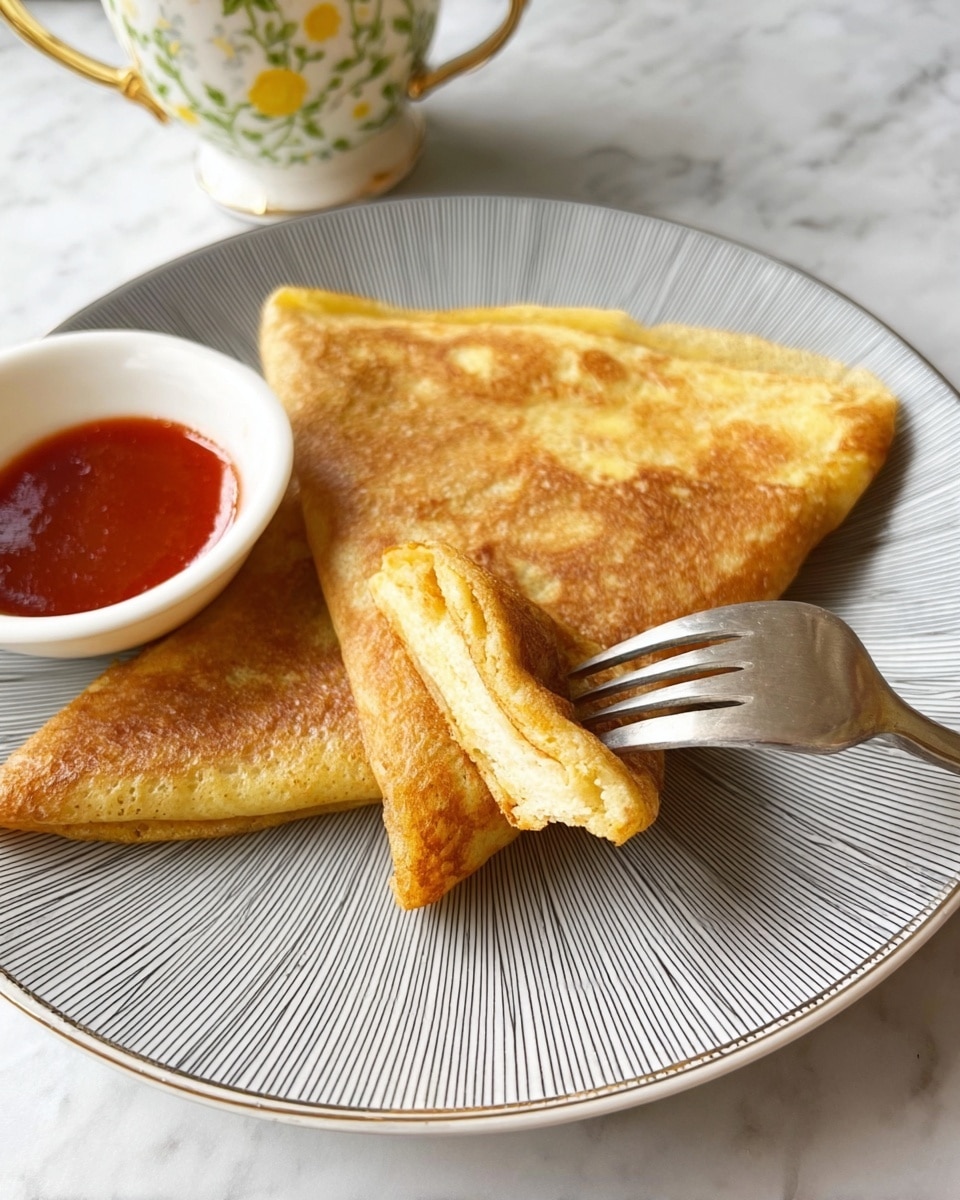 On a round white plate with grey circular lines, there are two folded, golden-brown crepes with a slightly crispy texture and a soft inside. A silver fork holds a small triangular piece showing the thick, fluffy white layer inside the crepe. Next to the plate, a small white bowl with red sauce is visible. The background shows a white marbled texture with part of a white cup decorated with small yellow and green flowers. photo taken with an iphone --ar 4:5 --v 7