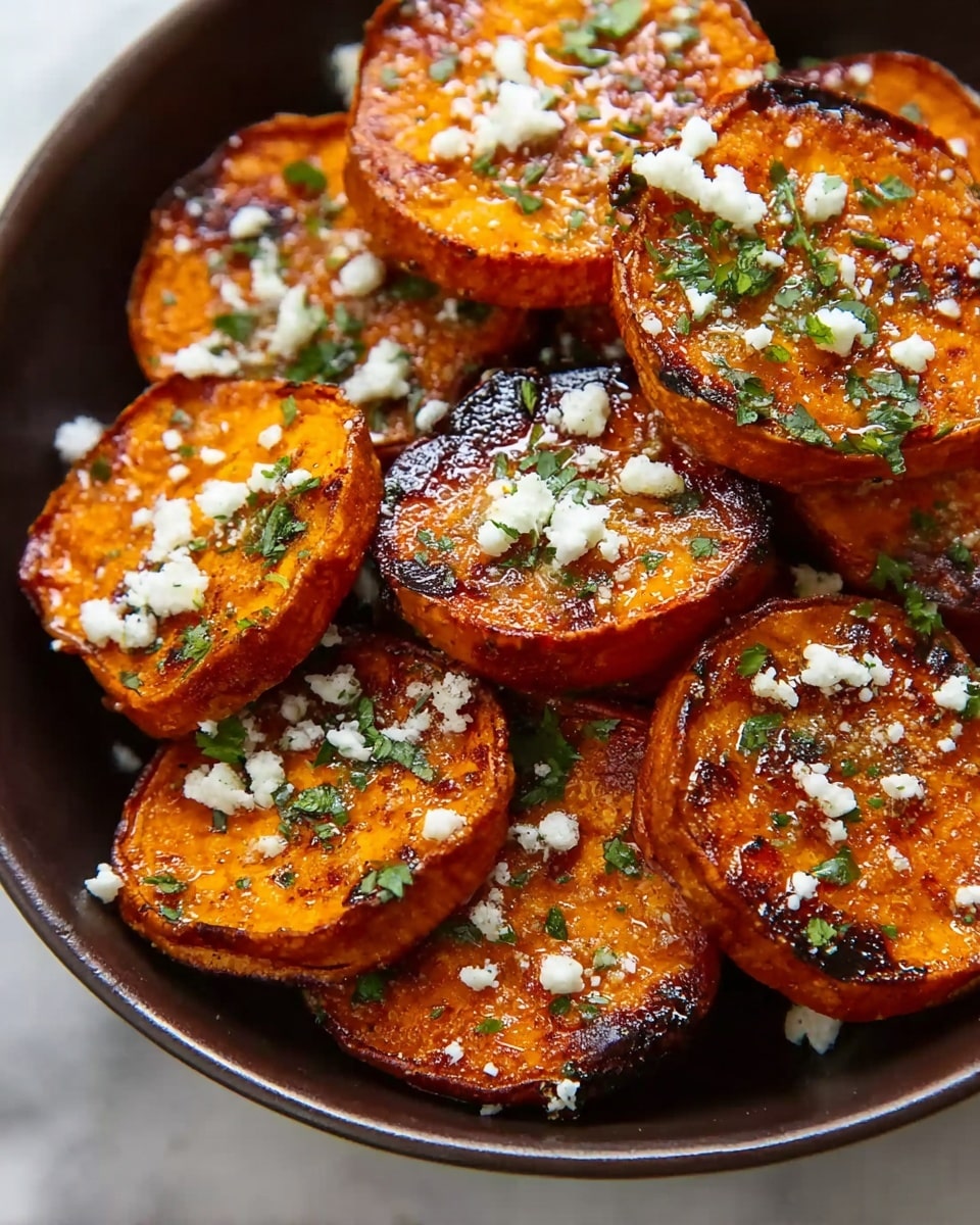 The image shows a close-up of several roasted sweet potato rounds arranged in overlapping layers. Each round is a deep orange color with crispy brown edges and a slightly caramelized surface. On top of many pieces, there is a small dollop of white cheese or sour cream sprinkled with finely chopped green herbs. The potatoes look cooked evenly and have a shiny texture, suggesting they are glazed or seasoned. The background is a white marbled surface. photo taken with an iphone --ar 4:5 --v 7
