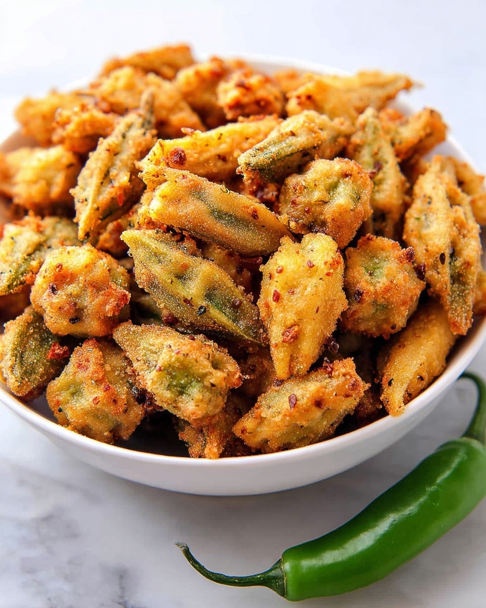 A white bowl filled with golden-brown, crispy fried okra pieces. Each okra piece is coated in a rough textured batter, showing hints of green from the okra inside, with some pepper flakes visible in the batter. The okra pieces are piled high in the bowl, some overlapping others, creating a sense of crunchy abundance. To the right of the bowl lies a fresh green chili on a white marbled surface, adding a fresh pop of color. The lighting highlights the crispiness and texture of the fried okra, making it look hot and ready to eat. Photo taken with an iphone --ar 4:5 --v 7