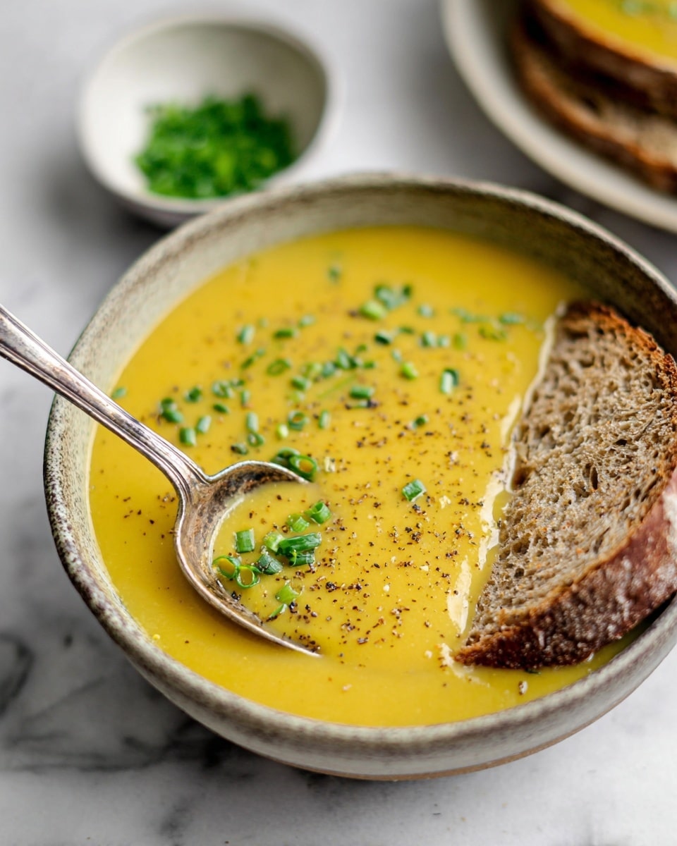 A ceramic bowl filled with a smooth, thick yellow soup topped with small green chive pieces and a sprinkle of black pepper, with a rustic slice of brown bread resting on the right edge of the bowl. A vintage silver spoon is partially dipped in the soup, holding some of the yellow soup and chives. In the blurred background, there is a small white bowl with more chopped green herbs, placed on a white marbled surface. photo taken with an iphone --ar 4:5 --v 7