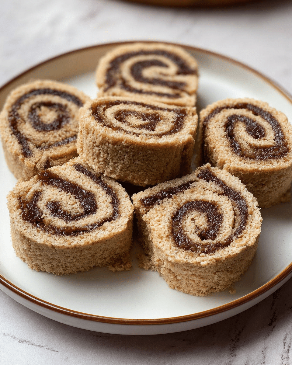 The image shows seven thick slices of a rolled dessert arranged on a white plate with a thin brown rim. Each slice reveals two visible layers: a light brown outer dough with a rough, crumbly texture, and a dark brown inner filling that forms a spiral pattern, looking smooth and slightly glossy. The rolls are cut evenly and stand upright, closely placed in a circle with one slice in the center and six around it. The background is a white marbled surface, enhancing the natural tones of the dessert. Photo taken with an iphone --ar 4:5 --v 7