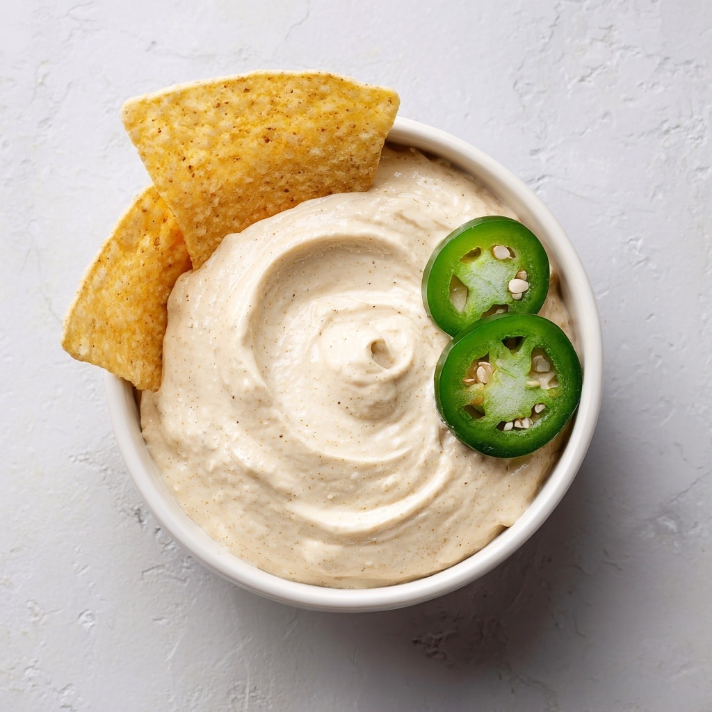 A close-up image shows a white bowl filled with thick, creamy, light orange cheese dip. Two crispy, golden yellow tortilla chips are dipped into the smooth sauce, with one chip being held by a person's fingers. The dip has a soft and velvety texture, coating the chips partially and making them look tasty. The background is a white marbled surface. photo taken with an iphone --ar 4:5 --v 7