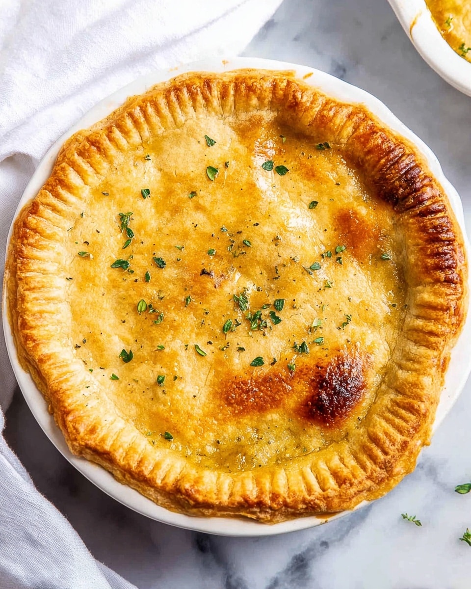 A round, white bowl holds a golden-baked pot pie with a slightly cracked, flaky crust on top. The crust edges are pressed with ridges forming a textured border, browned evenly with some darker spots showing crispy baking. Small green herb leaves are sprinkled over the crust, adding a fresh touch of color. The bowl sits on a white marbled surface with part of a white cloth draped nearby. photo taken with an iphone --ar 4:5 --v 7