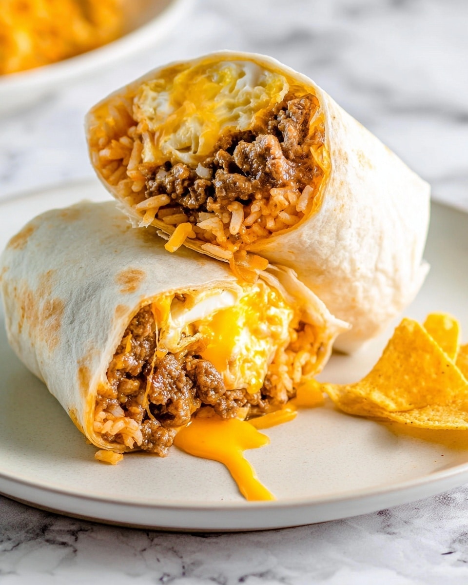 The image shows a close-up of two breakfast burritos on a white plate with a white marbled texture beneath. One burrito is whole, standing upright with the top open, revealing a layer of cooked ground meat, bright yellow melted cheese, and a cooked egg with a slightly runny yolk. The second burrito is cut in half, lying on its side, exposing multiple layers inside: a soft white tortilla wrap on the outside, followed by a layer of orange rice, a layer of cooked ground meat mixed with melted cheese, and some runny melted cheese dripping out at the bottom. A small piece of a crispy yellow chip is on the plate near the burrito halves. The photo taken with an iphone --ar 4:5 --v 7