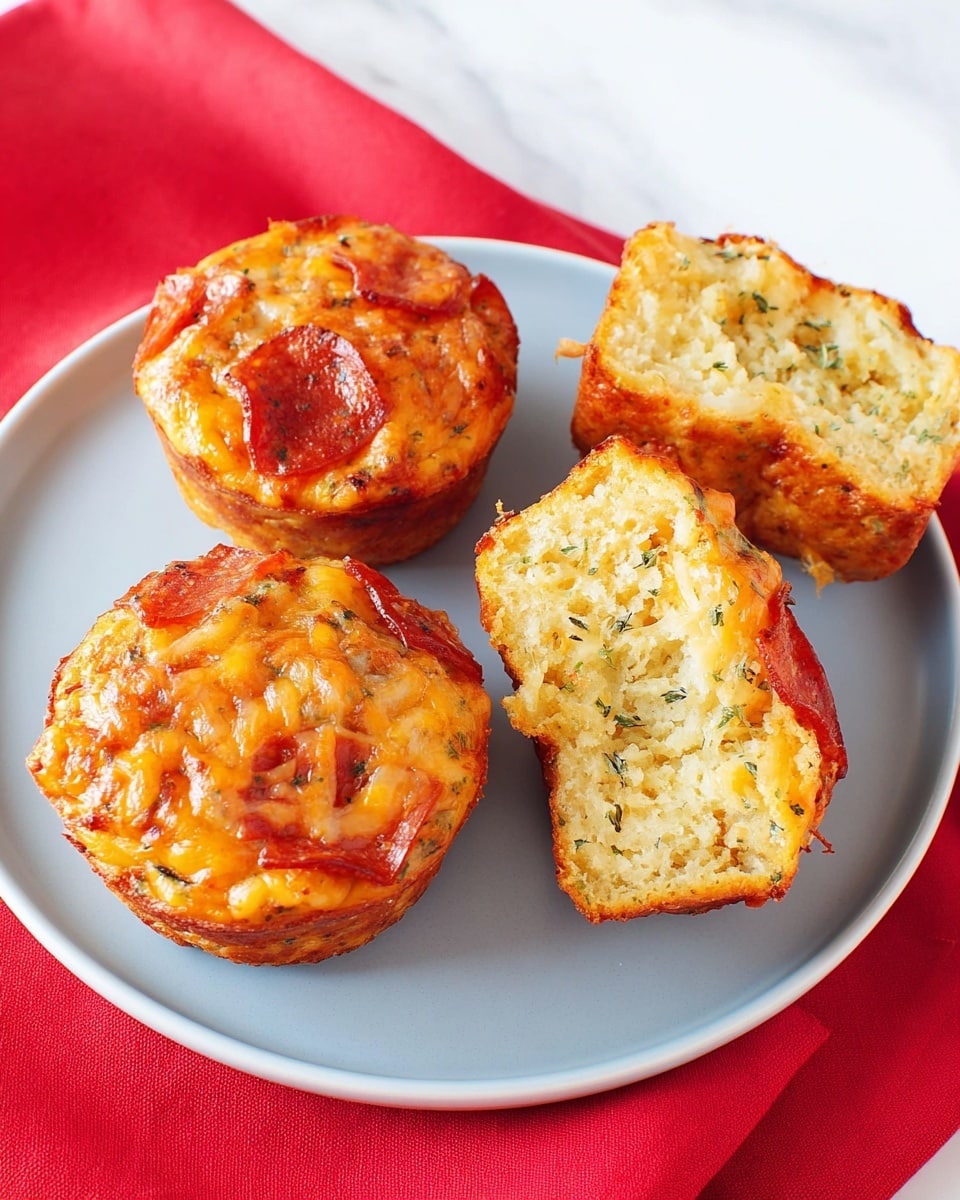 Four mini pizza muffins sit on a round white plate, three whole and one cut in half showing a soft, fluffy inside with small green herbs. Each muffin has two layers: a golden brown crust base and a thick top layer of melted orange cheese with bits of pepperoni, crispy and slightly browned. The plate rests on a white marbled surface next to a bright red cloth. The light highlights the cheese’s shiny texture and the muffins’ porous inside. photo taken with an iphone --ar 4:5 --v 7